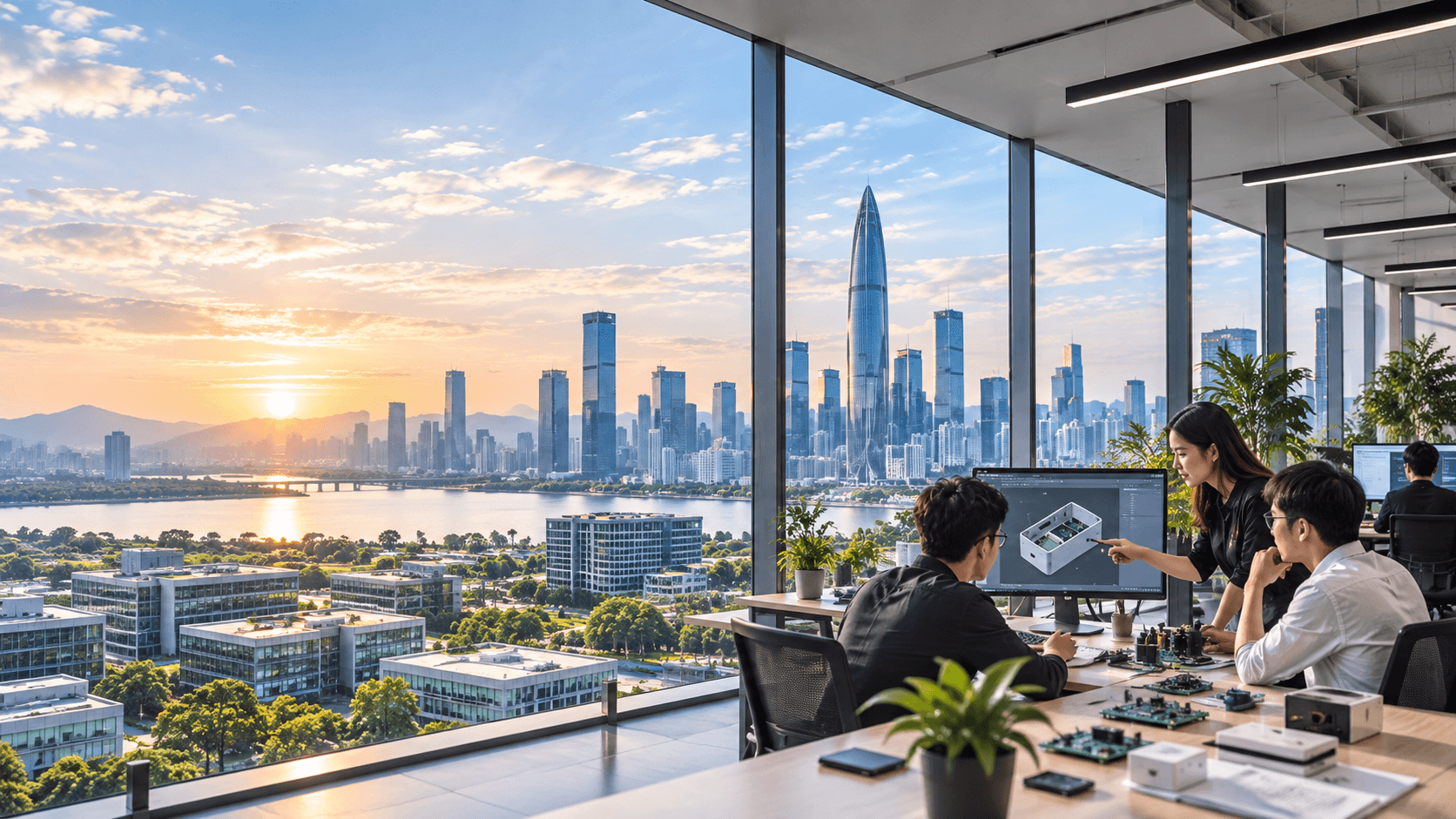 Hardware product team working in Shenzhen's technology district