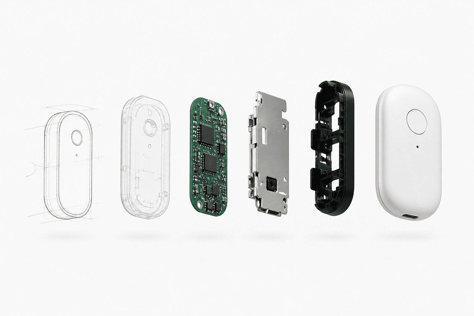 Exploded product development from sketch and PCB to finished electronics
