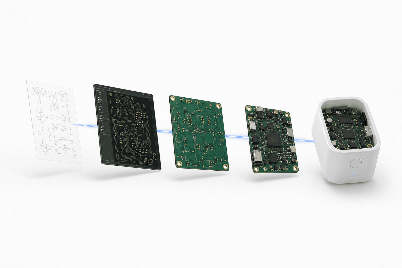 Cover showing electronics from engineering design to finished assembly
